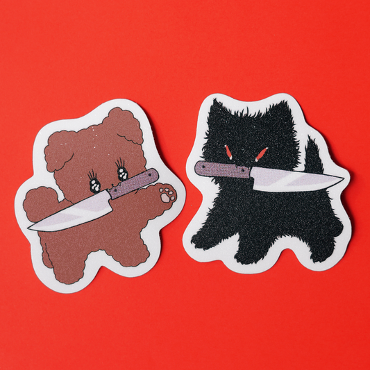 KITTY AND PUP WITH A KNIFE stickers by XUH