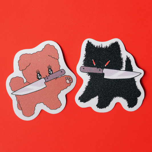 KITTY AND PUP WITH A KNIFE stickers by XUH